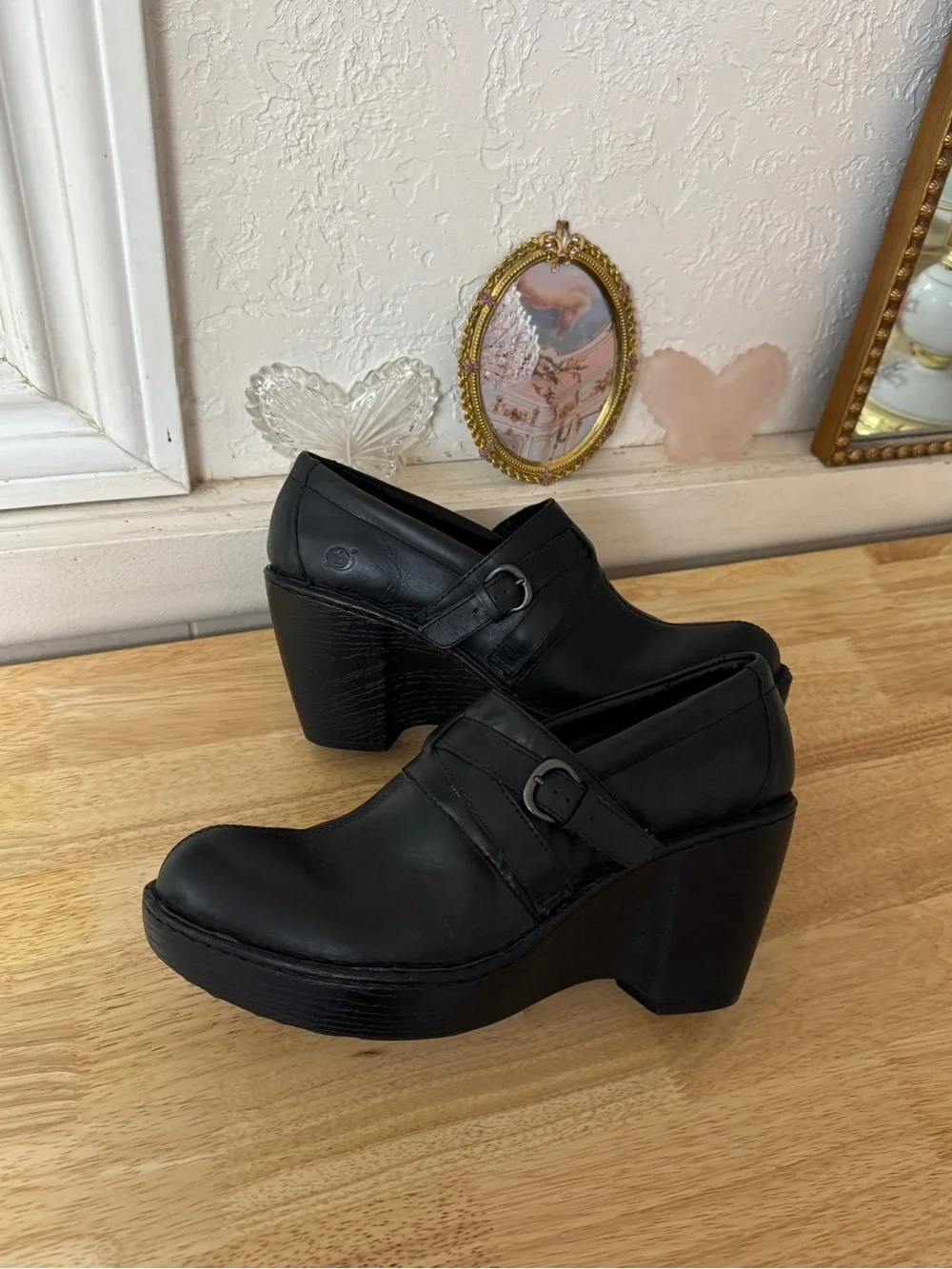 Y2K Chunky Born Black Leather Platform Clogs Mary Jane Comfort Heels Size 11